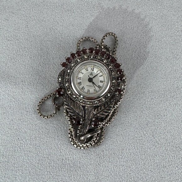 Fabulous Vintage 1940\'s Ladies Garnet and Marcasite Watch Pendant main image 4